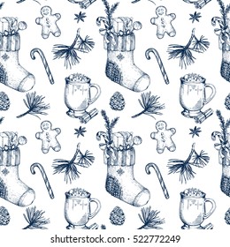 Christmas  pattern seamless, hand drawing sketch illustration. Vector sketch object cake, pine, christmas tree toy, christmas decorations, christmas sock,