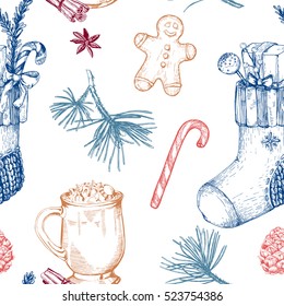 Christmas pattern seamless, hand drawing sketch illustration. Vector Collection of sketch object