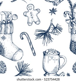Christmas pattern seamless, hand drawing sketch illustration. Vector Collection of sketch object