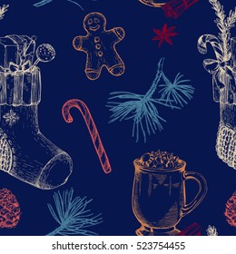 Christmas pattern seamless, hand drawing sketch illustration. Vector Collection of sketch object