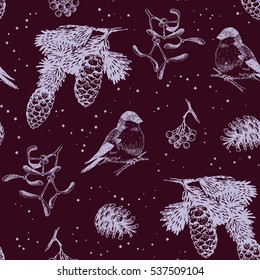 Christmas pattern seamless, hand drawing sketch illustration. Vector christmas pinecone, fir branch, holly, bullfinch and rowan
