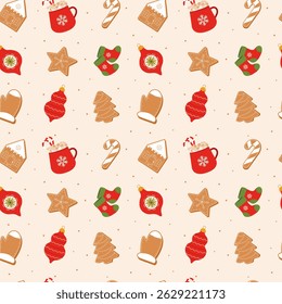 Christmas pattern seamless. Seamless pattern with hot chocolate, christmas tree toys, socks and gingerbreads.