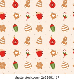 Christmas pattern seamless. Seamless pattern with hot chocolate, christmas tree toys, candy and gingerbreads.