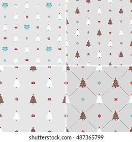 Christmas pattern, seamless. Merry Christmas card decoration. Happy New Year ornament design. Vintage Christmas tree, snowflake, gift box. Hand drawn vector icons for holiday celebration. Grey set.