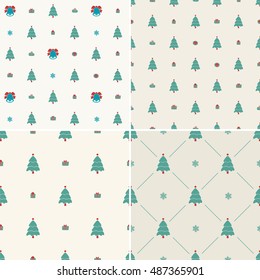 Christmas pattern, seamless. Merry Christmas card decoration. Happy New Year ornament design. Vintage Christmas tree, snowflake, gift. Hand drawn vector icons for holiday celebration. Blue, red set.