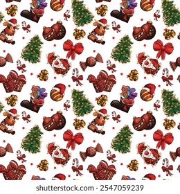 Christmas pattern. Seamless New Year pattern featuring gift boxes, bows, candy canes, bells, and cozy winter illustrations. Perfect for holiday wrapping, festive designs, and seasonal decor.