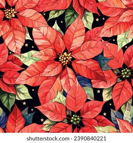 Christmas pattern. Christmas seamless pattern with poinsettia flowers, holly flower. Vintage vector pattern, ornament for printing on paper, textile