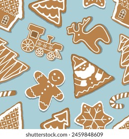 Patrón de Navidades. Impresión sin fisuras con galletas de jengibre. Casas de jengibre, Papá Noel, ciervos, árboles, hombre de jengibre, tren, estrella. Lindo Fondo. Ilustración vectorial sobre fondo azul claro