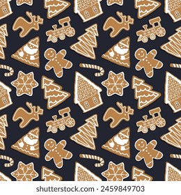 Christmas Pattern. Seamless Print with Gingerbread Cookies. Gingerbread houses, Santa Claus, deer, trees, gingerbread man, train, star. Cute Background. Vector illustration on dark blue background