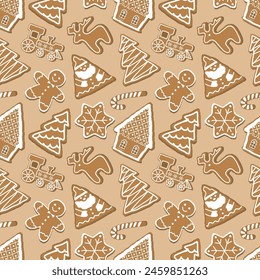 Christmas Pattern. Seamless Print with Gingerbread Cookies. Gingerbread houses, Santa Claus, deer, trees, gingerbread man, train, star. Cute Background. Vector illustration on caramel background