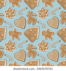 Christmas Pattern. Seamless Print with Gingerbread Cookies. Gingerbread houses, deer, heart, Gingerbread Man, star. Cute Background. Template. Vector illustration on light blue background