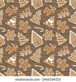 Christmas Pattern. Seamless Print with Gingerbread Cookies. Gingerbread houses, Santa Claus, deer, trees, gingerbread man, train, star. Cute Background. Vector illustration on wooden background
