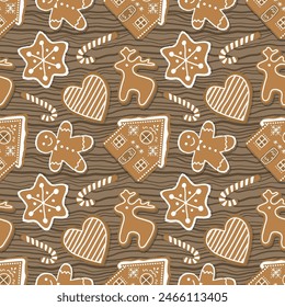 Christmas Pattern. Seamless Print with Gingerbread Cookies. Gingerbread houses, deer, heart, Gingerbread Man, star. Cute Background. Template. Vector illustration on wooden background