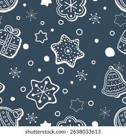 Christmas Pattern. Seamless Print with Christmas Ornaments. Silhouettes. Christmas Balls, Bell, Heart, Star, Gift Box, Flower. Winter Holiday Background. Vector illustration in White, Dark Blue