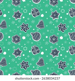 Christmas Pattern. Seamless Print with Christmas Ornaments. Silhouettes. Christmas Balls, Bell, Heart, Star, Gift Box, Flower. Winter Background. Vector illustration in White, Dark Blue on Green Bg