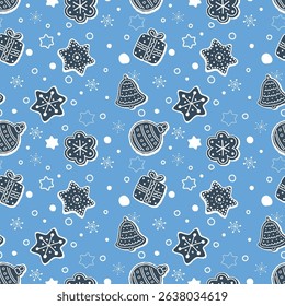 Christmas Pattern. Seamless Print with Christmas Ornaments. Silhouettes. Christmas Balls, Bell, Heart, Star, Gift Box, Flower. Winter Holiday Background. Vector illustration in White, Blue