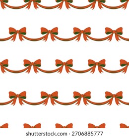 Christmas pattern with seamless red ribbon bows arranged in repeating horizontal rows, suitable for holiday wrapping paper, textiles, cards, backgrounds and festive seasonal decoration.

