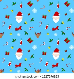 Christmas pattern seamless. Santa Claus, Reindeer, Holly, Bells candy and gift on blue sky background. greeting card template vector EPS10