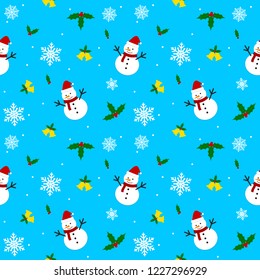 Christmas pattern seamless. Santa Claus, Reindeer, Holly, Bells candy and gift on blue sky background. greeting card template vector EPS10