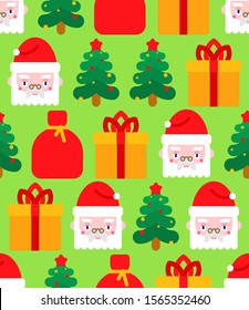 Christmas pattern seamless. Santa and elf. Christmas tree and gift. New Year background. Xmas texture