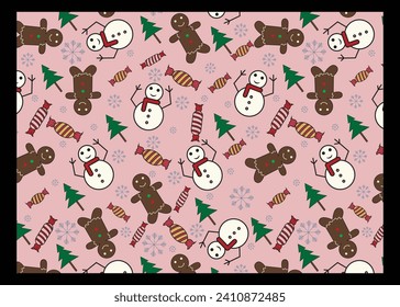 Christmas pattern seamless with snowman,chocolates,tree