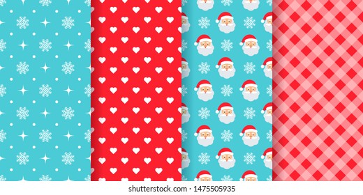 Christmas pattern. Seamless texture. Vector. Holiday Xmas, New year backgrounds with snowflake, stars, heart, Santa and checkered. Set festive geometric textile prints. Red blue illustration