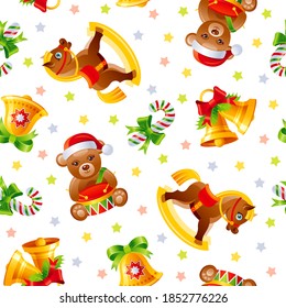 Christmas pattern. Seamless toy vector background. Holiday wrapping paper for gifts. Vintage Merry Xmas wallpaper with retro horse, cute bear with drum, bells. Winter Christmas cartoon child icon set