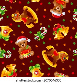 Christmas pattern. Seamless toy vector background. Holiday wrapping paper for gifts. Vintage Merry Xmas wallpaper with retro horse, cute bear with drum, bells. Winter Christmas cartoon child icon set