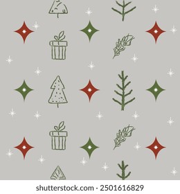 Christmas pattern, Seamless vector pattern with cute Christmas gift box, stars, with pine trees. Perfect for textile, wallpaper, or print design. isolated on a white, horizontal image. Exclude people.