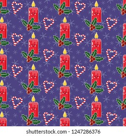 Christmas pattern. Seamless vector illustration with candles, mistletoe and candy canes