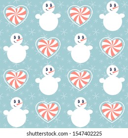 Christmas pattern. Seamless vector illustration with snowman and heart-shaped candies