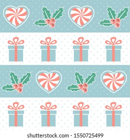 Christmas pattern. Seamless vector illustration with candy canes, mistletoe and gift boxes