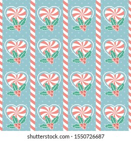 Christmas pattern. Seamless vector illustration with candy canes and mistletoe