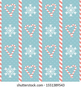 Christmas pattern. Seamless vector illustration with heart-shaped candy canes and snowflakes