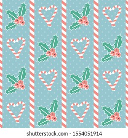 Christmas pattern. Seamless vector illustration with candy canes and mistletoe