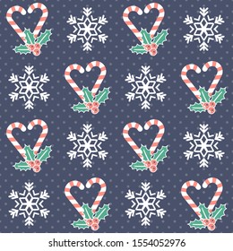 Christmas pattern. Seamless vector illustration with candy canes, mistletoe and snowflake