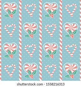 Christmas pattern. Seamless vector illustration with candy canes and mistletoe