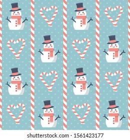 Christmas pattern. Seamless vector illustration with snowman and heart-shaped candies