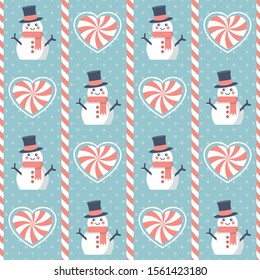Christmas pattern. Seamless vector illustration with snowman and heart-shaped candies