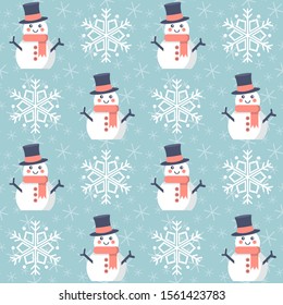 Christmas pattern. Seamless vector illustration with snowmen and snowflakes