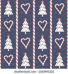 Christmas pattern. Seamless vector illustration with stylized Christmas trees and heart-shaped candies