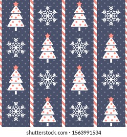 Christmas pattern. Seamless vector illustration with stylized Christmas trees, snowflakes and candy canes