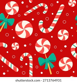 Navidades patrón de Ilustración vectorial sin fisuras. Lindas piruletas y bastones de caramelo. Fondo festivo colorido de la Navidad con los Elementos dulces simples de las vacaciones y los garabatos decorativos. 