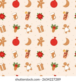 Christmas pattern seamless. Seamless pattern withchristmas tree toys, spruce branch, cones, poinsettia, mulled wine and gingerbreads.