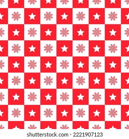 Patrón de Navidad. Fondo de Navidad sin inconvenientes. Textura geométrica de vacaciones con estrellas y copos de nieve en cuadrados. Papel de envoltura de año nuevo. Establecer impresiones textiles festivas. Ilustración del vector