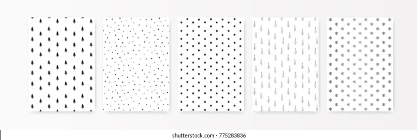Christmas pattern set. A4 printing wrapping paper. Holiday collection, black silhouette isolated on white. Simple minimalist style, scandinavian nordic design for interior, backdrop card, postcard.