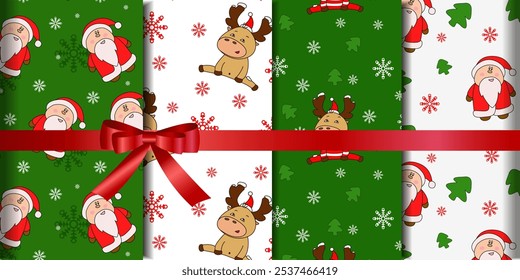 Christmas pattern set with cute Santa and reindeer with white and green background