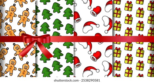 Christmas pattern set with cute Santa hat, present box, Christmas tree and ginger man cookie