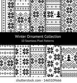 Christmas pattern set. Fair isle decorative seamless nordic pixel patterns in monochrome black and white with Scandinavian snowflakes and Christmas trees ornaments.