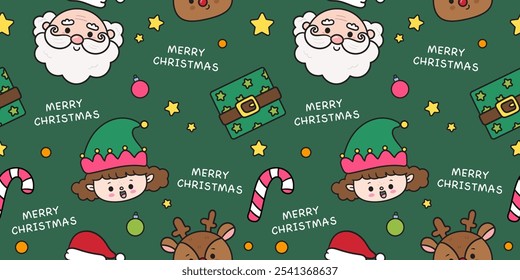 Christmas pattern set Kawaii seamless pattern (background) with Santa Elf girl and reindeer whimsical characters. Series: gift wrapping paper Holiday cartoon xmas kids winter season. Flat illustration